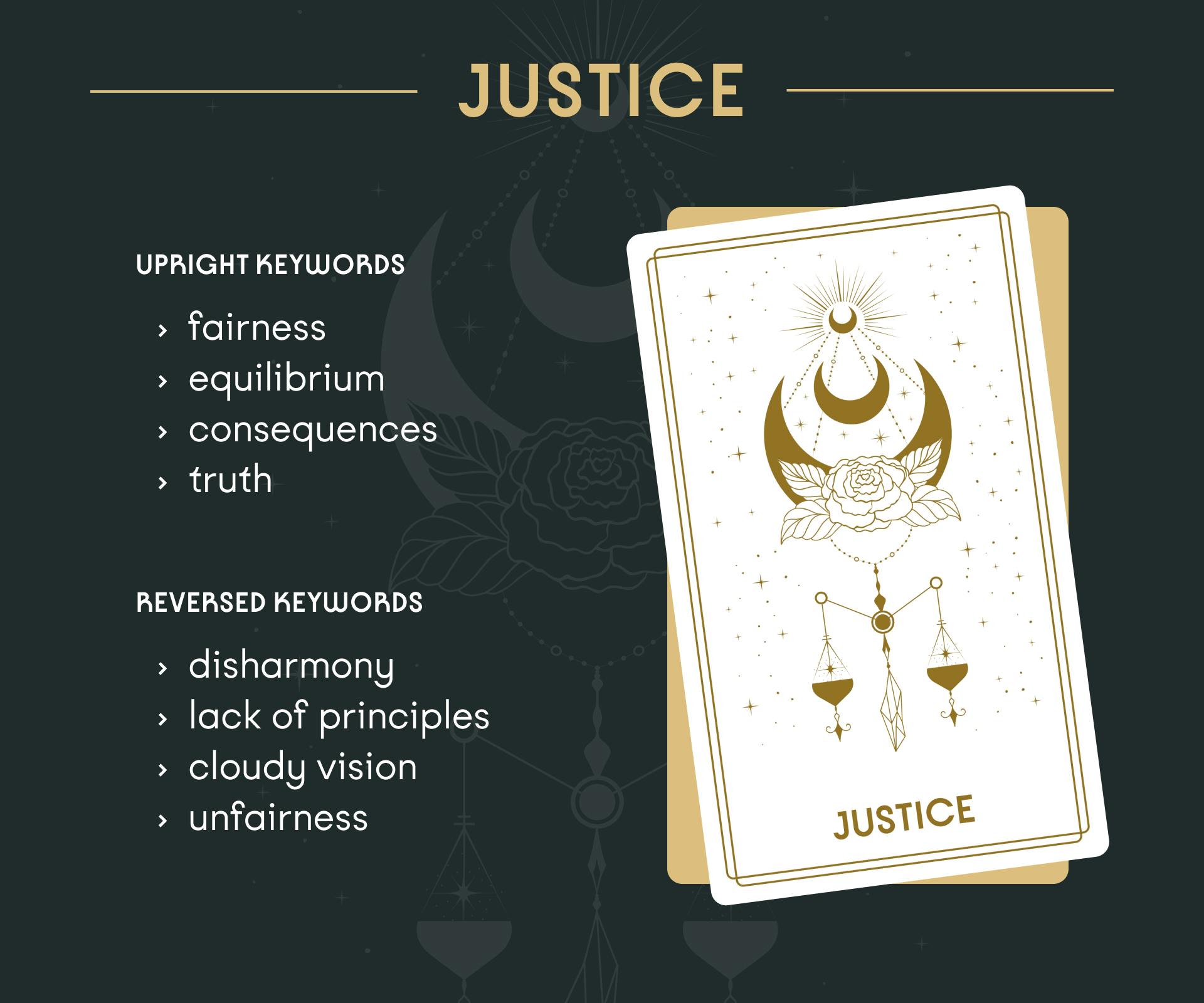 Justice Tarot Card Upright and Reversed Keywords